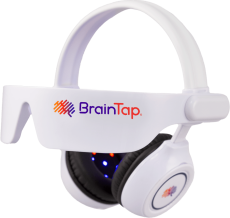 A BrainTap headset device with sensors and headphones.