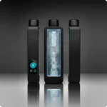 Three sleek, modern smartwatches with illuminated displays on a dark background.